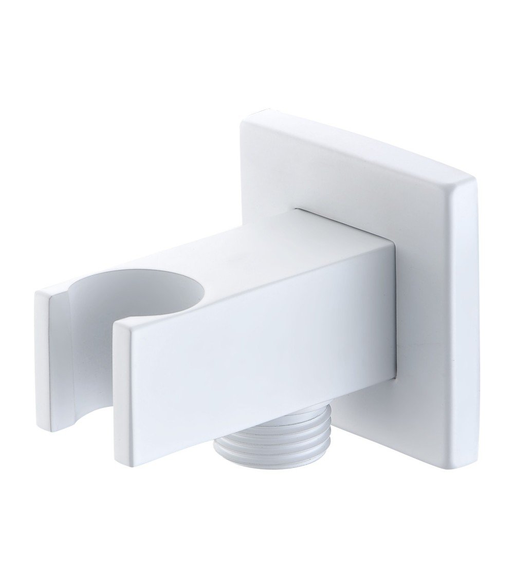 Soporte cuadrado para mango de ducha con salida de agua blanco mate